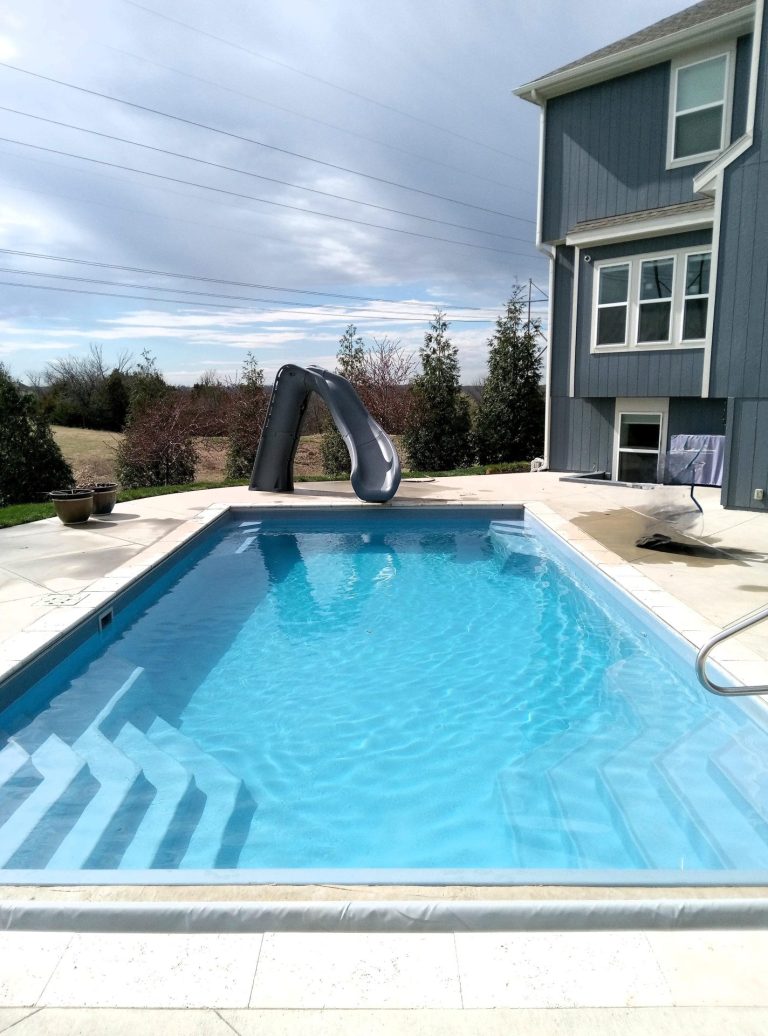 Rectangular fiberglass pool with slide - Pools By York
